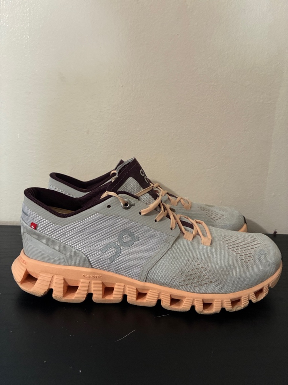 On Women's Cloud X sneakers in the Silver/Almond colorway size 8
